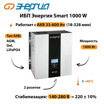 ИБП Энергия Smart 1000W - ИБП и АКБ - Энергия ИБП Smart - . Магазин оборудования для автономного и резервного электропитания Ekosolar.ru в Ижевске