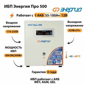 Энергия ИБП Про 500 12В - ИБП и АКБ - ИБП для котлов - . Магазин оборудования для автономного и резервного электропитания Ekosolar.ru в Ижевске