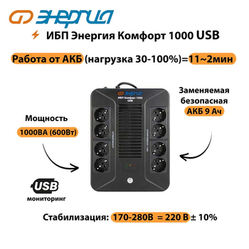 ИБП Комфорт 1000 USB Энергия - ИБП и АКБ - ИБП для компьютера - . Магазин оборудования для автономного и резервного электропитания Ekosolar.ru в Ижевске